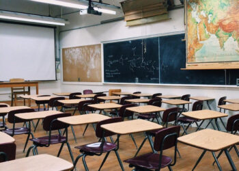 Empty elementary classroom during recess.