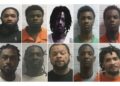 This combo from photos provided by Orleans Parish Sheriff's Office shows from left top: Dkenan Dennis, Gary C Price, Robert Moody, Kendell Myles, Corey E Boyd. Bottom from left: Lenton Vanburen Jr, Jermaine Donald, Antonine T Massey, Derrick D. Groves, and Leo Tate Sr. (Orleans Parish Sheriff's Office via AP)