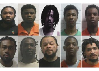 This combo from photos provided by Orleans Parish Sheriff's Office shows from left top: Dkenan Dennis, Gary C Price, Robert Moody, Kendell Myles, Corey E Boyd. Bottom from left: Lenton Vanburen Jr, Jermaine Donald, Antonine T Massey, Derrick D. Groves, and Leo Tate Sr. (Orleans Parish Sheriff's Office via AP)
