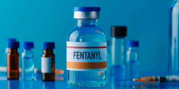 closeup of a simulated vial of fentanyl on a blue table next to a syringe and some other different vials