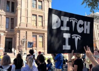 Demonstrators Protest Proposed Trillion-Dollar Compensation Package for Elon Musk Outside Texas Capitol